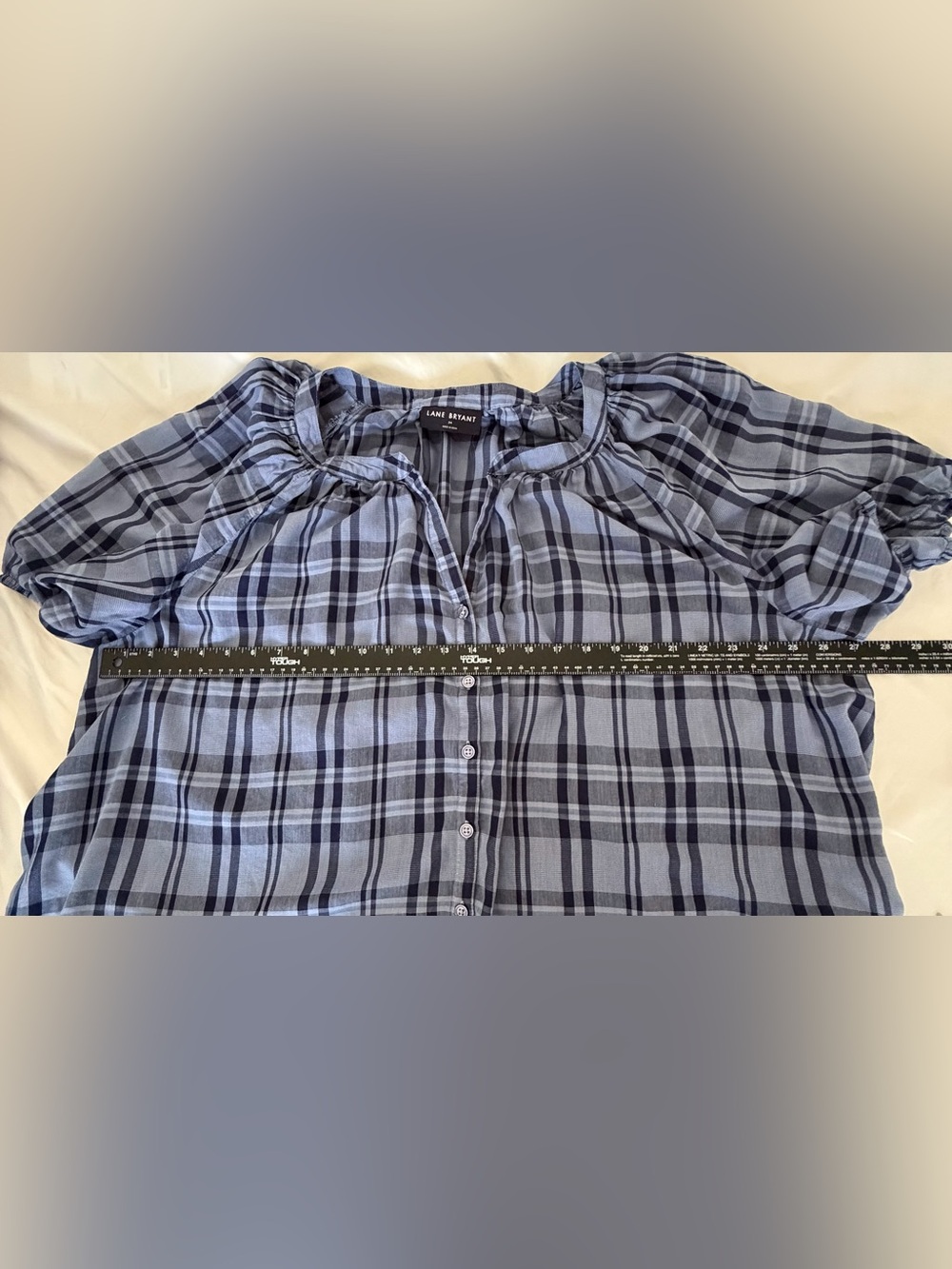 Lane Bryant Blue and Black Plaid Button-Front Peasant Blouse - Picture 4 of 7